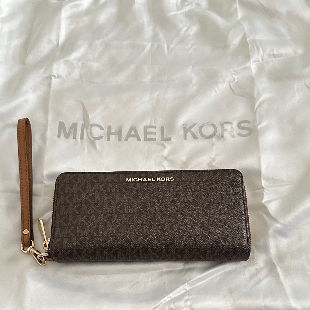 Michael Kors Brown Wristlet with Gold Accents